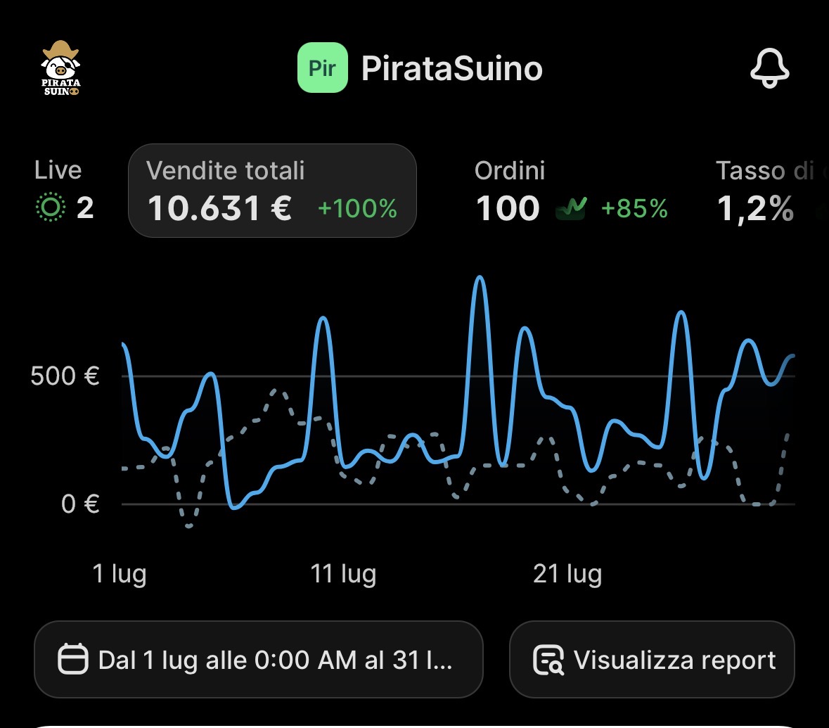 Dashboard di PirataSuino con 10.631 euro di vendite e 100 ordini nel mese di luglio.